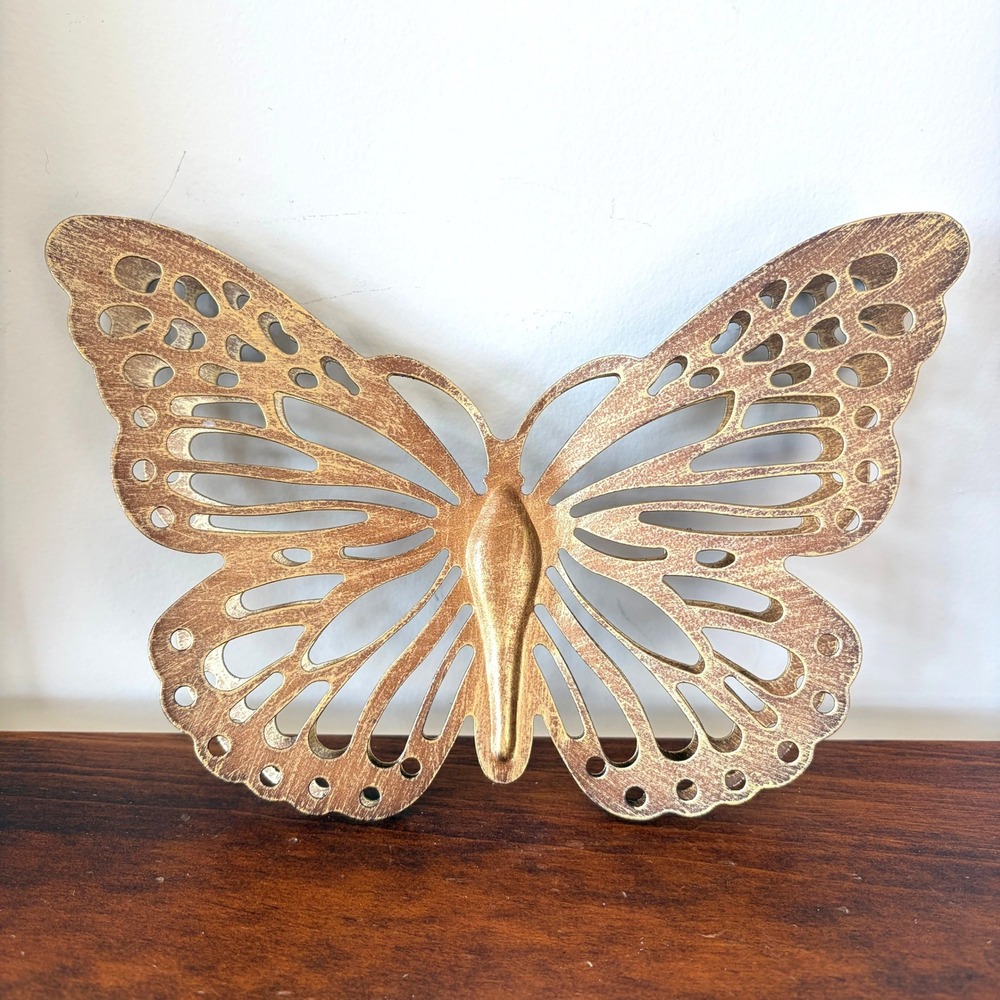 Vintage Gold Metal Butterfly Wall Hanging Filigree Openwork Decor 8 Inch